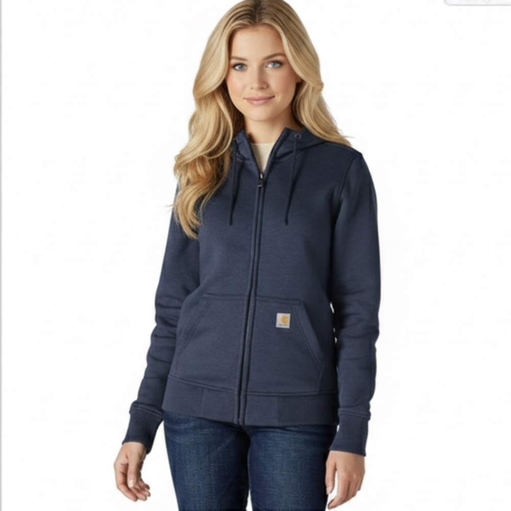 Carhartt Relaxed Fit Full Zip Hoodie Jacket Pockets Cotton Fleece Soft Cozy Navy